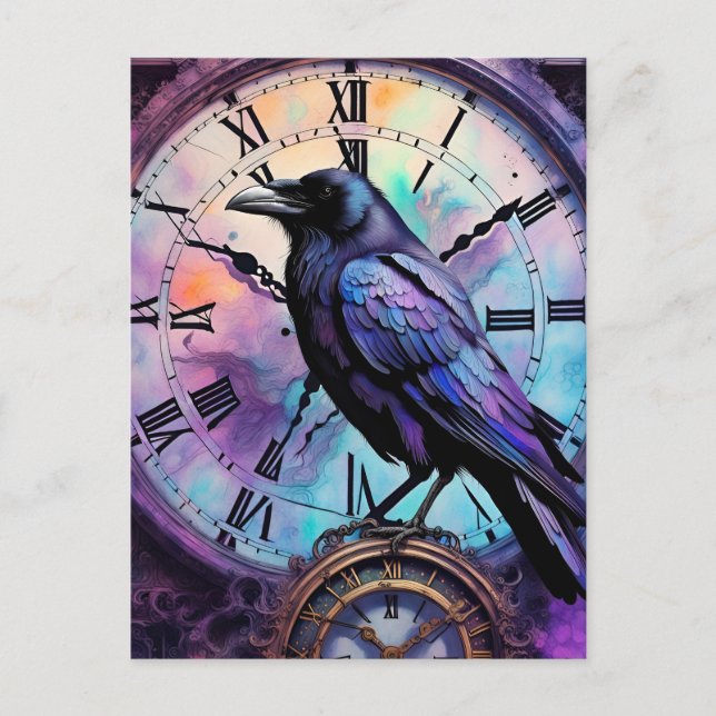 Raven på Clock Watercolor Vykort (Framsida)