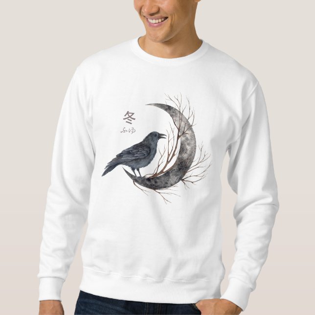 Raven på Crescent Måne med Winter Kanji Lång Ärmad Tröja (Framsida)