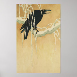 Raven på en illustration av gren i träd, guld svar poster