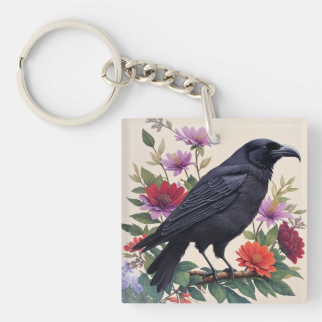Raven på Gren Colorful Blommigt Art (Framsidan)