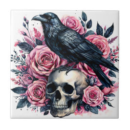 Raven på Skull med Rosa ros Art Kakelplatta