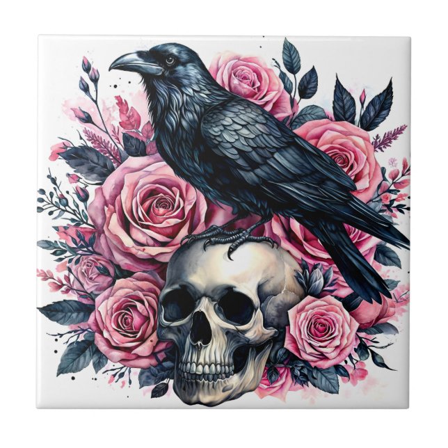 Raven på Skull med Rosa ros Art Kakelplatta (Framsidan)