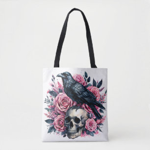 Raven på Skull med Rosa ros Tygkasse