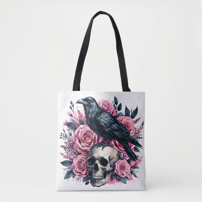 Raven på Skull med Rosa ros Tygkasse (Framsida)