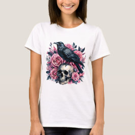 Raven & Pink Roses – Gothic Skull Watercolor T Shirt