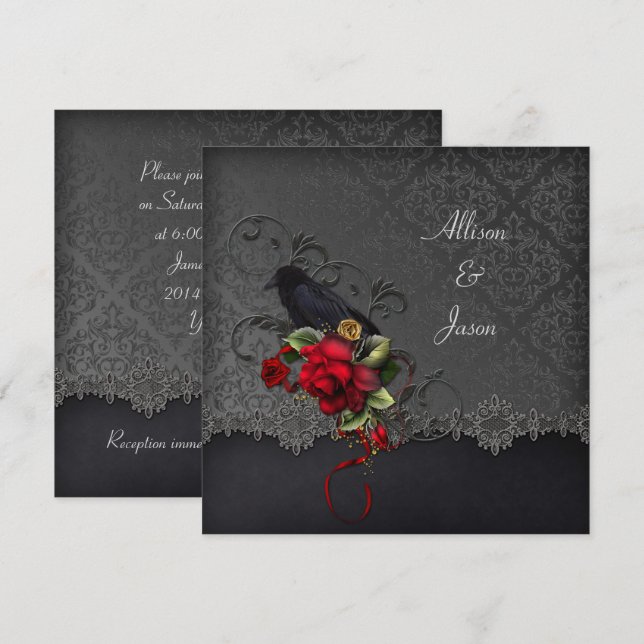 Raven Röd ros Black Grått Damask Inbjudningar (Fram/baksida)
