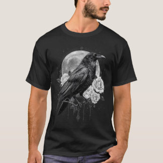 Raven Rose Moon Skräcklig Svart Gotisk Kuslig Kråk T Shirt