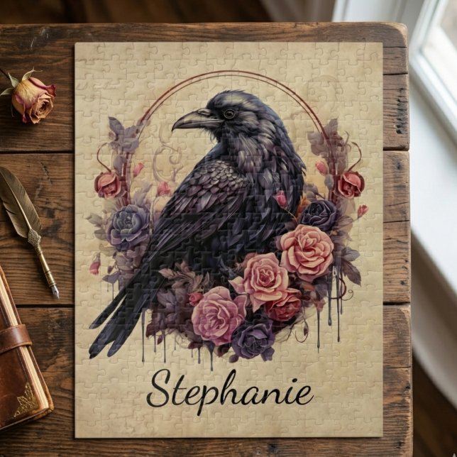 Raven & Roses – Gotisk blommig gåva till henne Pussel (Raven and roses gothic floral jigsaw puzzle for her)