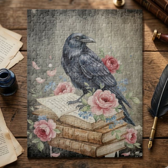 Raven & Roses Gotisk Pussel – Mörk Blommig Fågelko (Gothic raven and roses literary jigsaw puzzle)
