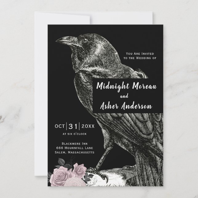 Raven Roses Svart Rosa Halloween Bröllop Inbjudningar (Framsida)