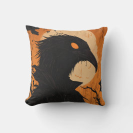 Raven Silhouette Full Moon Black Orange Halloween Kudde