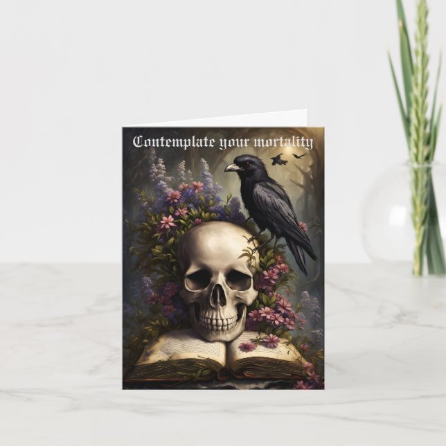 Raven Skull Bok och Flowers Gothic Birthday Kort (Framsida)