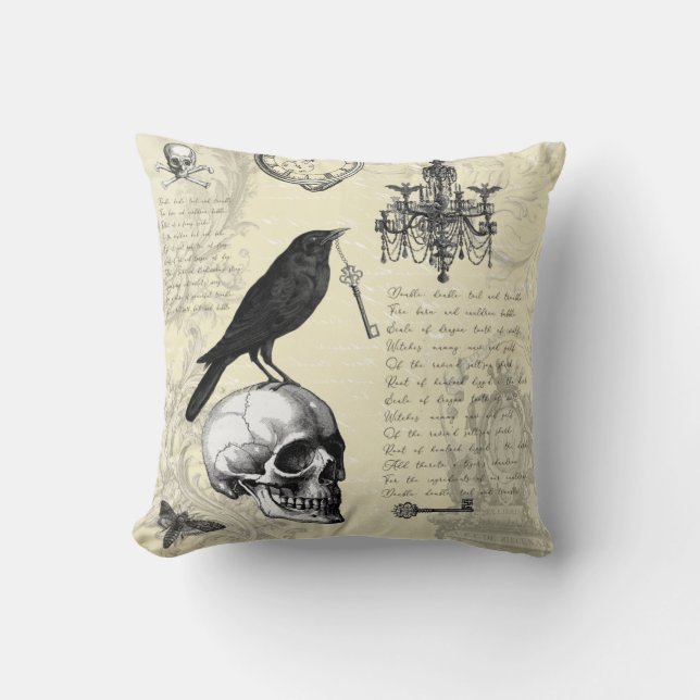 Raven Skull och Chandelier Gothic Halloween Kudde (Framsida)