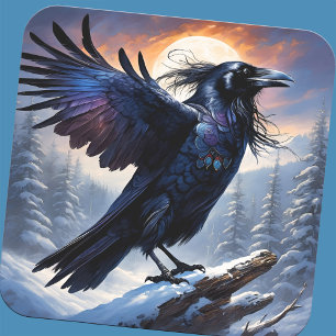 Raven Spirit Winter Solstice Full Moon Forest Bird Fyrkantigt Klistermärke