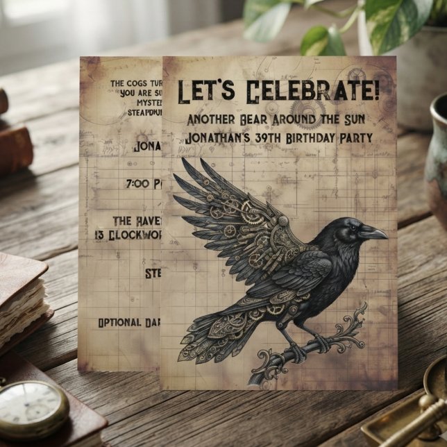 Raven Steampunk Gotisk Inbjudningar (Sepia steampunk raven invitation card for adult birthday celebration.)