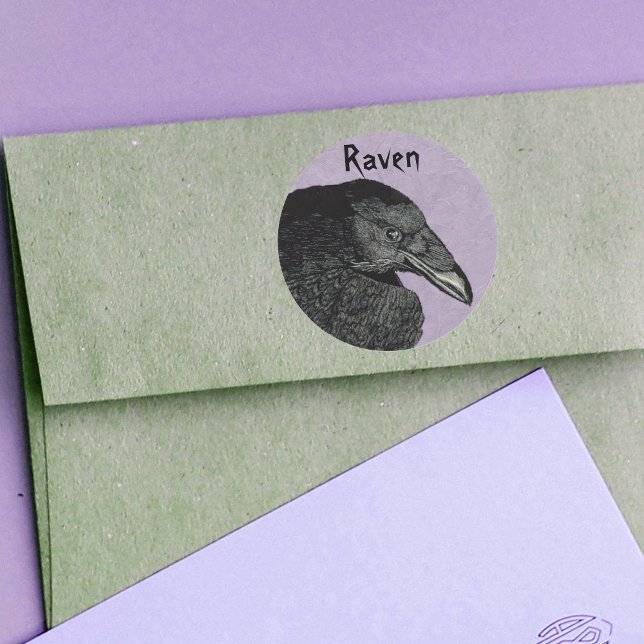 Raven Stickers Runt Klistermärke (black raven crow on pretty marbled purple stickers.)