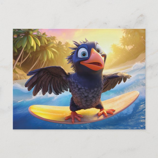Raven Surfing In Tropical Paradise With Palm Trees Vykort (Framsida)