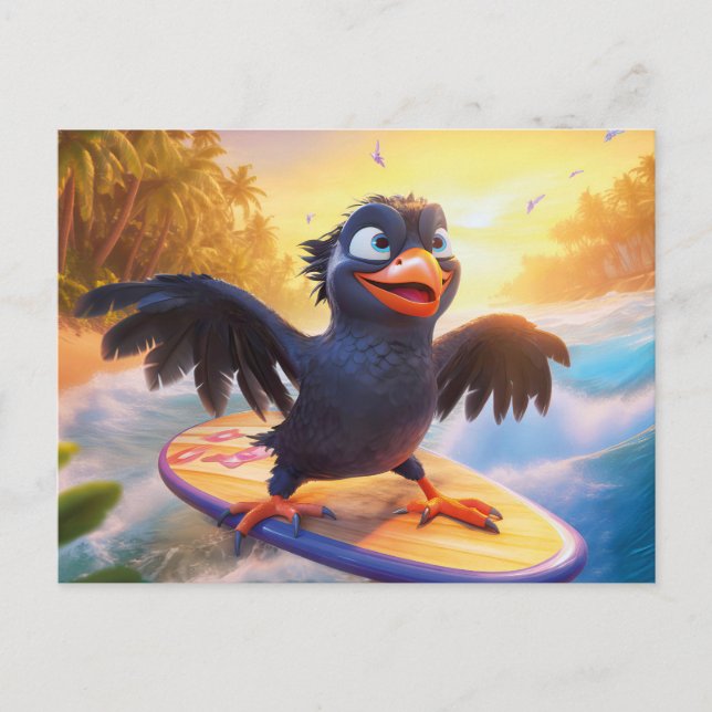 Raven Surfing On Tropical Beach With Wings Spread Vykort (Framsida)