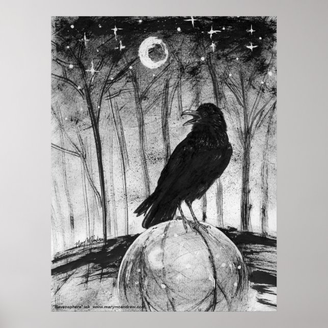 Raven (svart fågel) i skogen med Måne och stjärnor Poster (Framsidan)