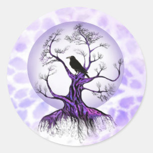 Raven Träd Lavender Lila Måne Kråka Stickers Runt Klistermärke