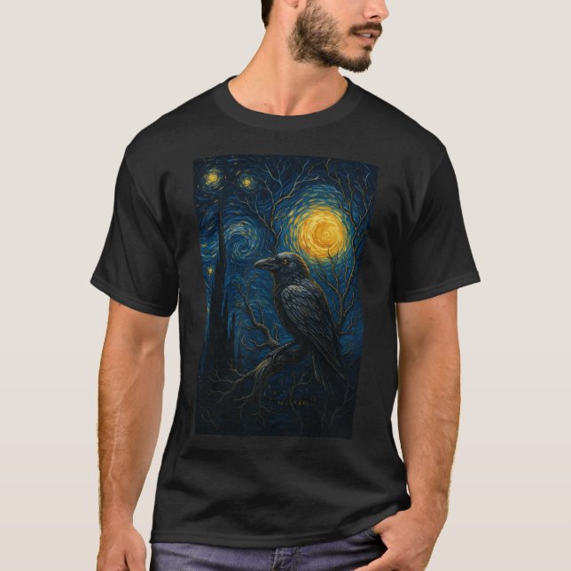 Raven under Starry Night Gothic Art T Shirt (Framsida)