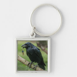 Raven vid Gren med Nyckel Fyrkantig Silverfärgad Nyckelring