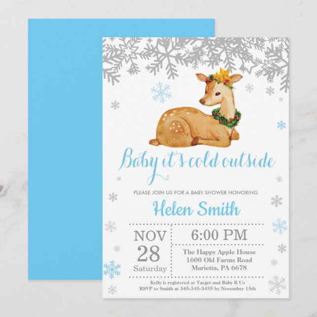 Räven Vinter Blå Pojke Baby Shower Snöflinga Inbjudningar (Fram/baksida)