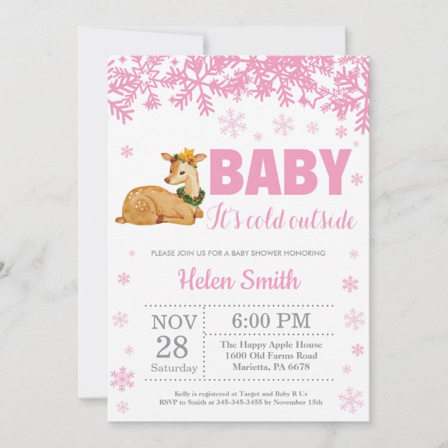 Räven Vinter Rosa Flick Baby Shower Snöflinga Inbjudningar (Framsida)