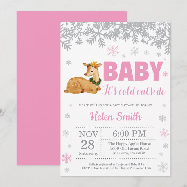 Räven Vinter Rosa Flicka Baby Shower Snöflinga Inbjudningar (Fram/baksida)