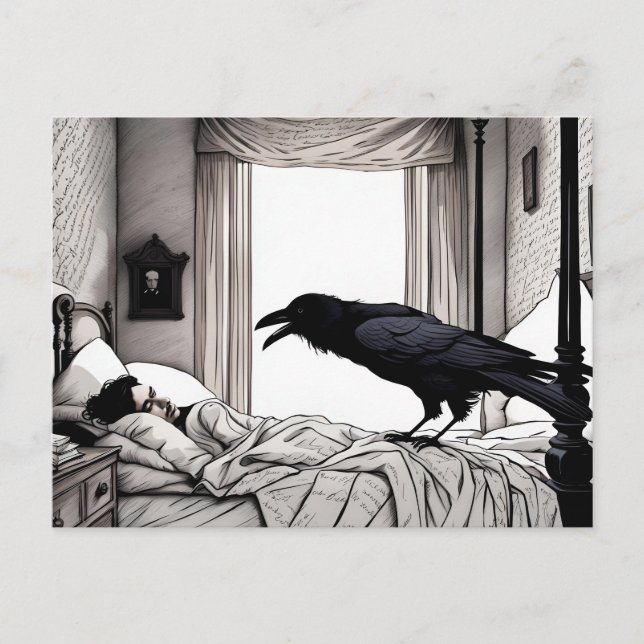 Raven Watching Sleeping Poe Vykort (Framsida)