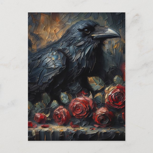 Raven With Röd ros Gothic Art Vykort (Framsida)