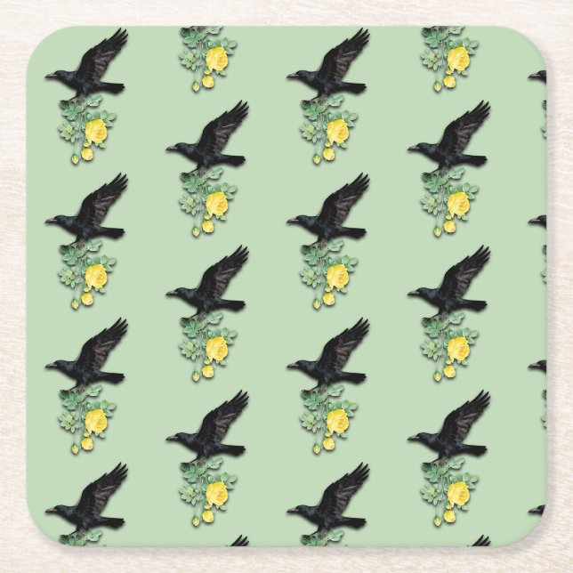 Raven with Yellow Rose Underlägg Papper Kvadrat (Framsidan)