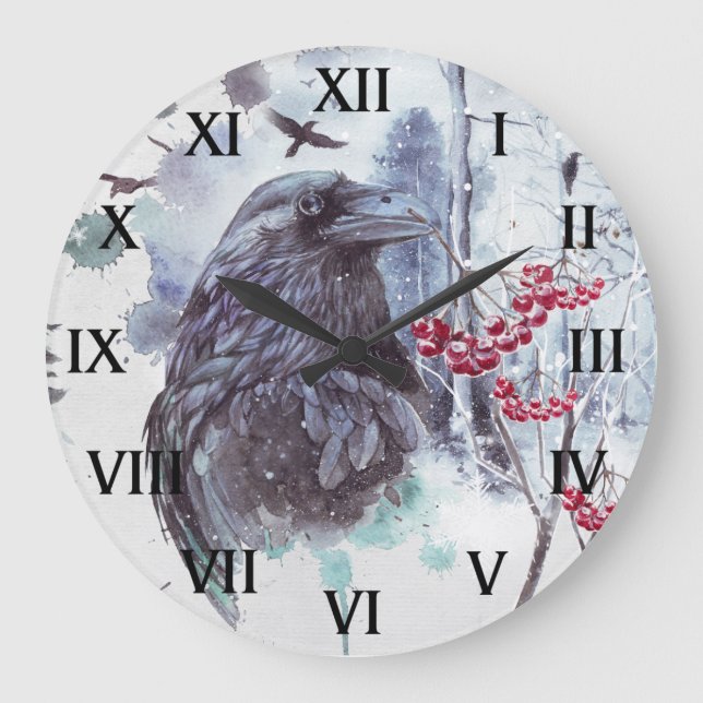 Ravens Abstrakt Watercolor Winter Scene Round | Stor Klocka (Framsida)