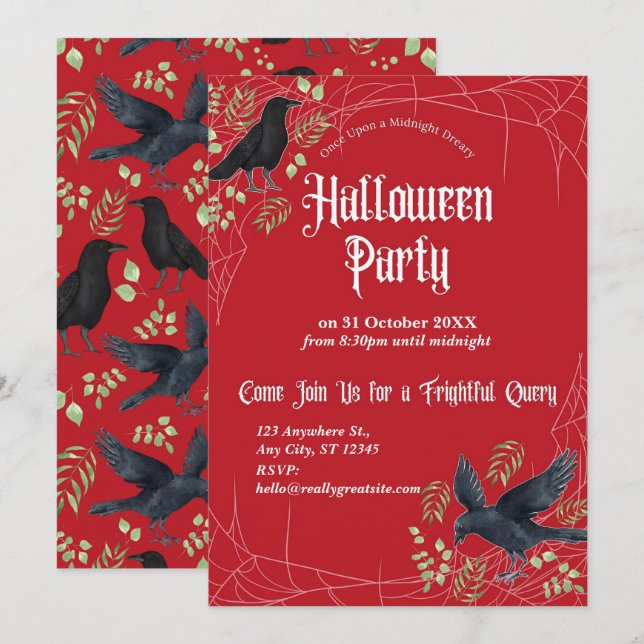 Ravens Halloweenfest-inbjudan i rött Inbjudningar (Fram/baksida)