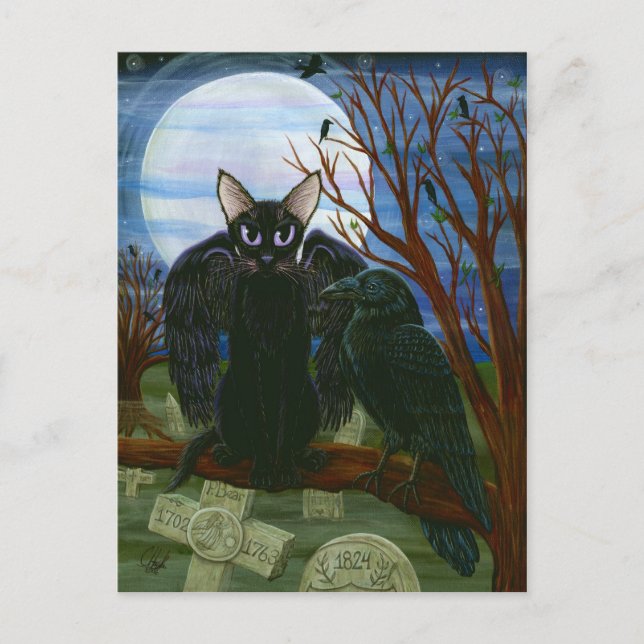 Raven's Måne Black Cat Kråka Gothic Art Postcard Vykort (Framsida)
