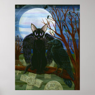 Raven's Måne Black Cat Kråka Gothic Art Poster