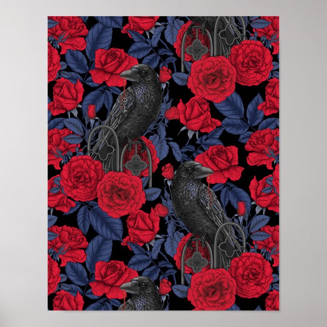 Ravens och ro med mörk blått löv poster (Framsidan)
