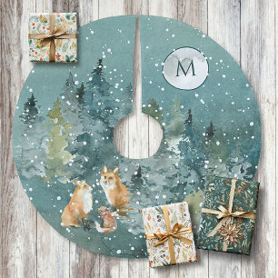 Rävfamilj Skog Fullmåne Snöfall Monogram Julgransmatta Borstad Polyester