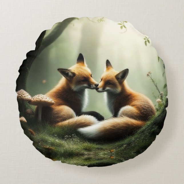 Rävknuff i dimmig skog rund kudde (Framsidan)