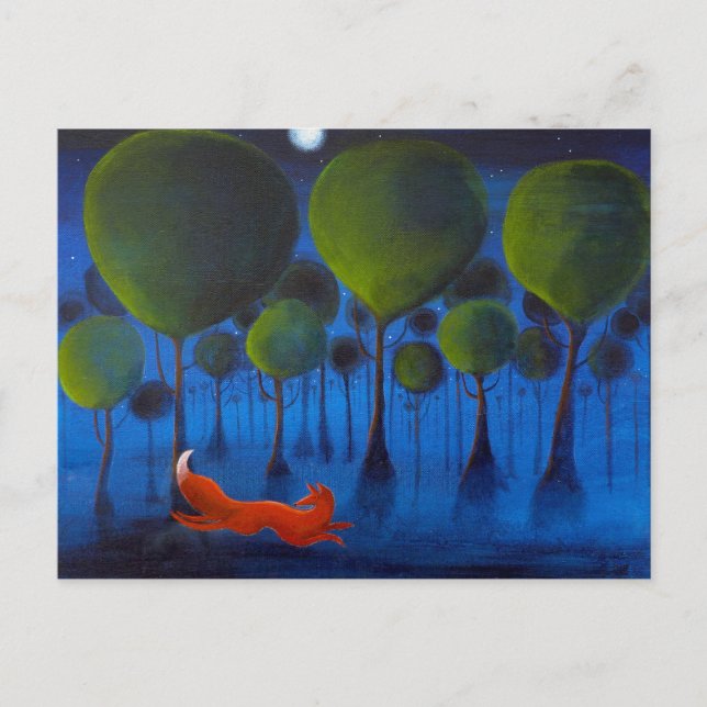 Rävspring i skogsmark på natten vykort (Framsida)