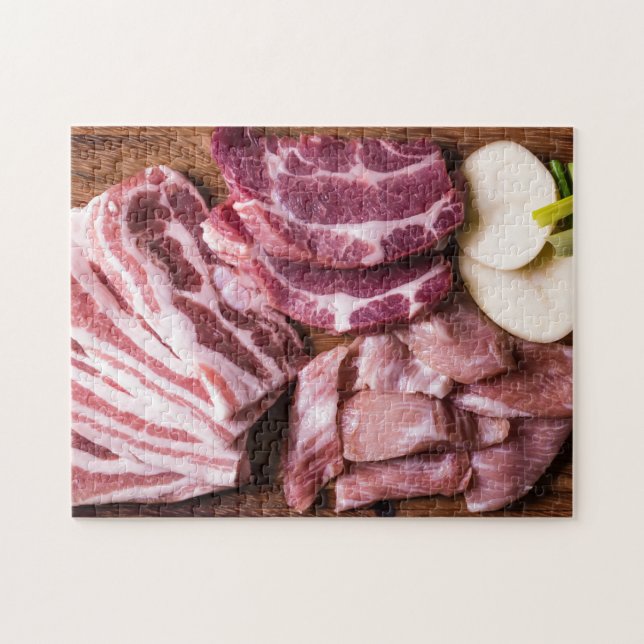 Raw Kött Steaks Chops Bacon Jigszle Puzzle Pussel (Horisontell)