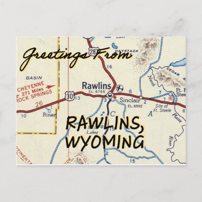 Rawlins WY Vintage Karta Vykort (Framsida)