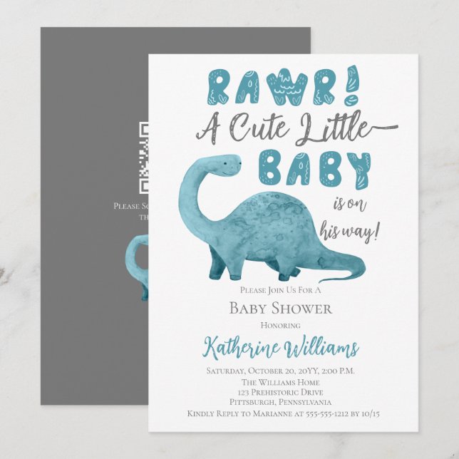 Rawr Blue Dinosaur QR Code Baby Shower-inbjudan Inbjudningar (Fram/baksida)