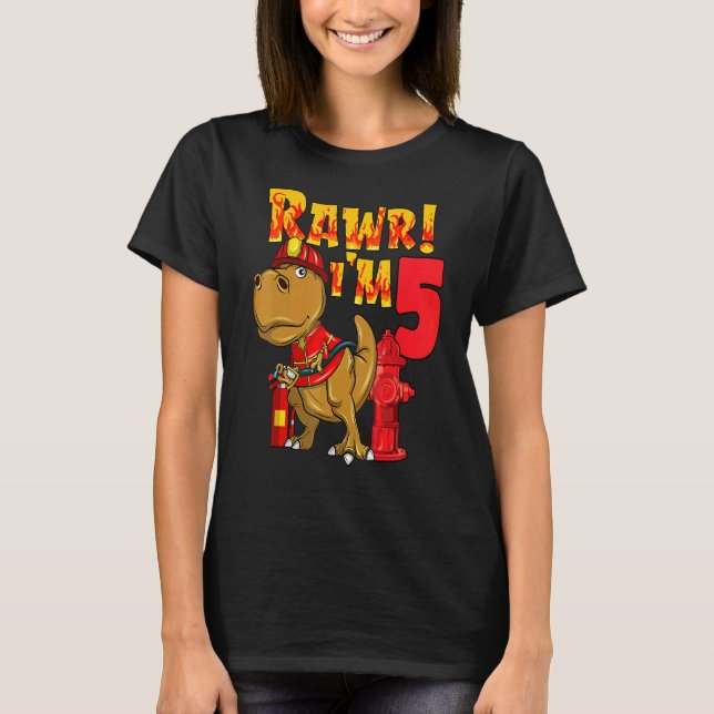 Rawr Im 5 Dinosaur Firefighter 5th Birthday Boy T Shirt (Framsida)