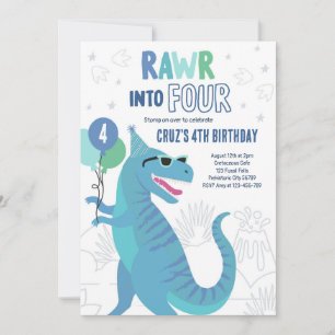 Rawr in to Four T-Rex Dinosaur 4e födelsedagen Par Inbjudningar