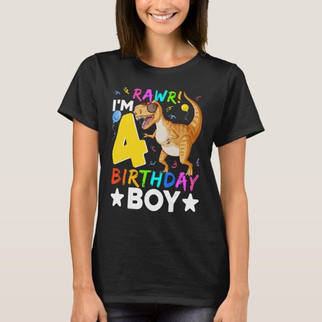 Rawr jag är 4e födelsedagen Boy Dinosaur Gift 4 år T Shirt (Framsida)