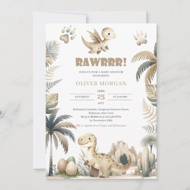 Rawr könsneutral dinosauribabydusch inbjudan (Framsida)
