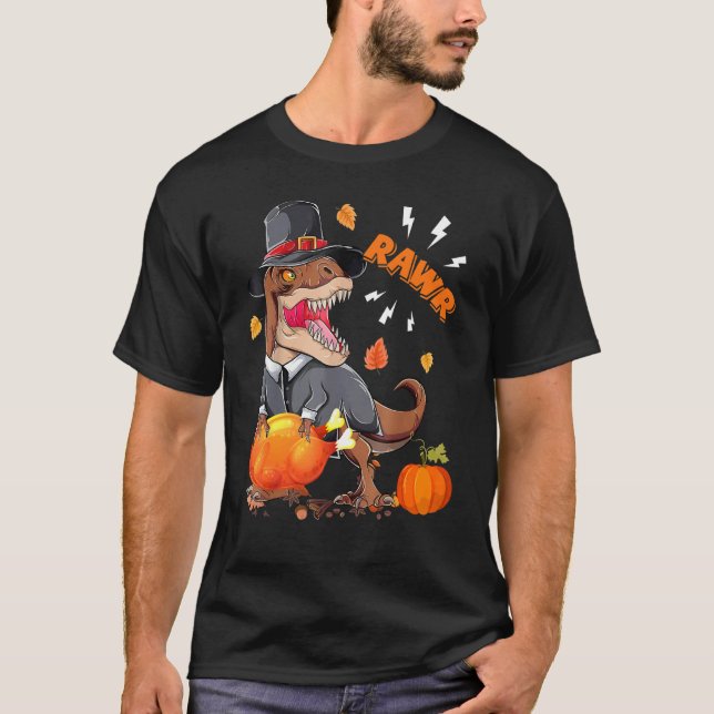 Rawr Pilgrim Rex With Turkey Fall Vibes Happy Than T Shirt (Framsida)