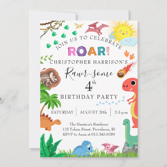 Rawr-some Dinosaur 4th Birthday Party Inbjudningar (Framsida)