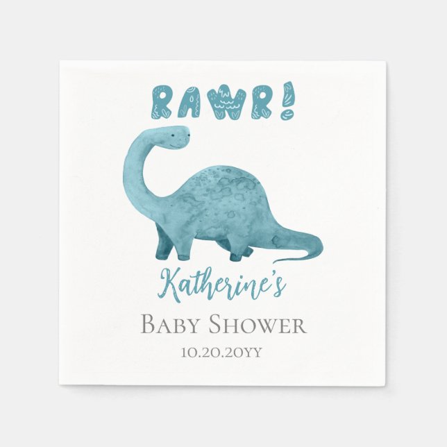 Rawr Teal Blue Dinosaur Boy Shower Napkins Pappersservett (Framsidan)